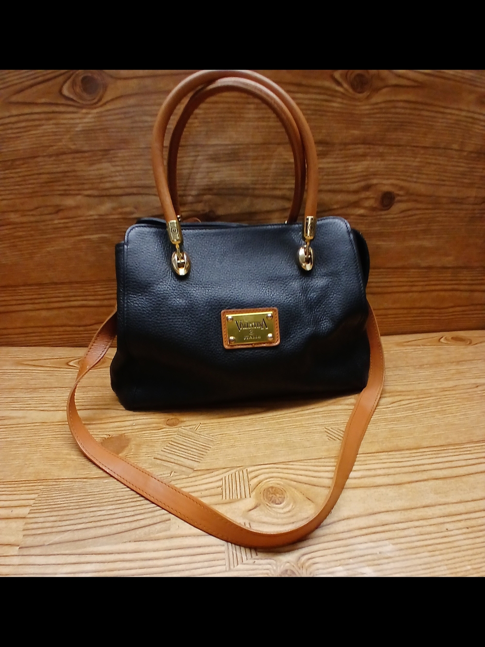 Valentino Black and Tan Leather Shoulder Bag with Gold Hardware